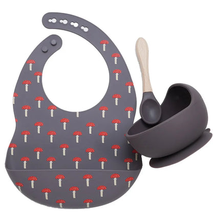 Colorful Silicone Spoon With Wooden Handle Hot Selling Baby sucker Bowl Waterproof Adjustable Baby Bibs Print Saliva Towel.