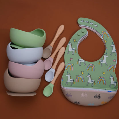 Colorful Silicone Spoon With Wooden Handle Hot Selling Baby sucker Bowl Waterproof Adjustable Baby Bibs Print Saliva Towel.