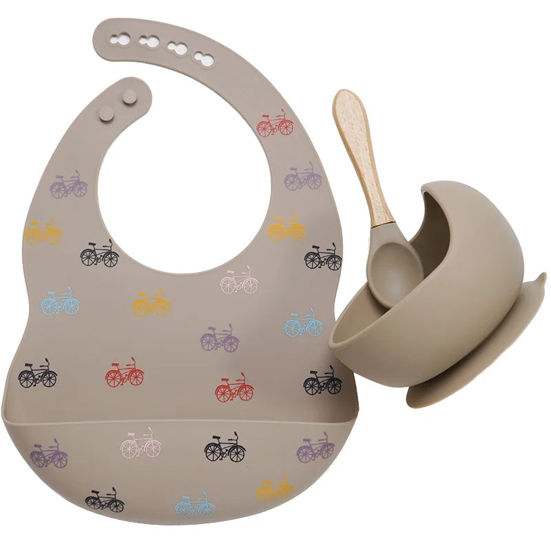 Colorful Silicone Spoon With Wooden Handle Hot Selling Baby sucker Bowl Waterproof Adjustable Baby Bibs Print Saliva Towel.