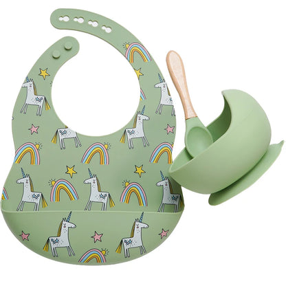 Colorful Silicone Spoon With Wooden Handle Hot Selling Baby sucker Bowl Waterproof Adjustable Baby Bibs Print Saliva Towel.