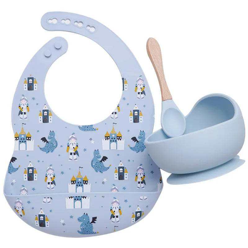 Colorful Silicone Spoon With Wooden Handle Hot Selling Baby sucker Bowl Waterproof Adjustable Baby Bibs Print Saliva Towel.