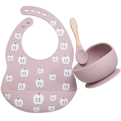 Colorful Silicone Spoon With Wooden Handle Hot Selling Baby sucker Bowl Waterproof Adjustable Baby Bibs Print Saliva Towel.