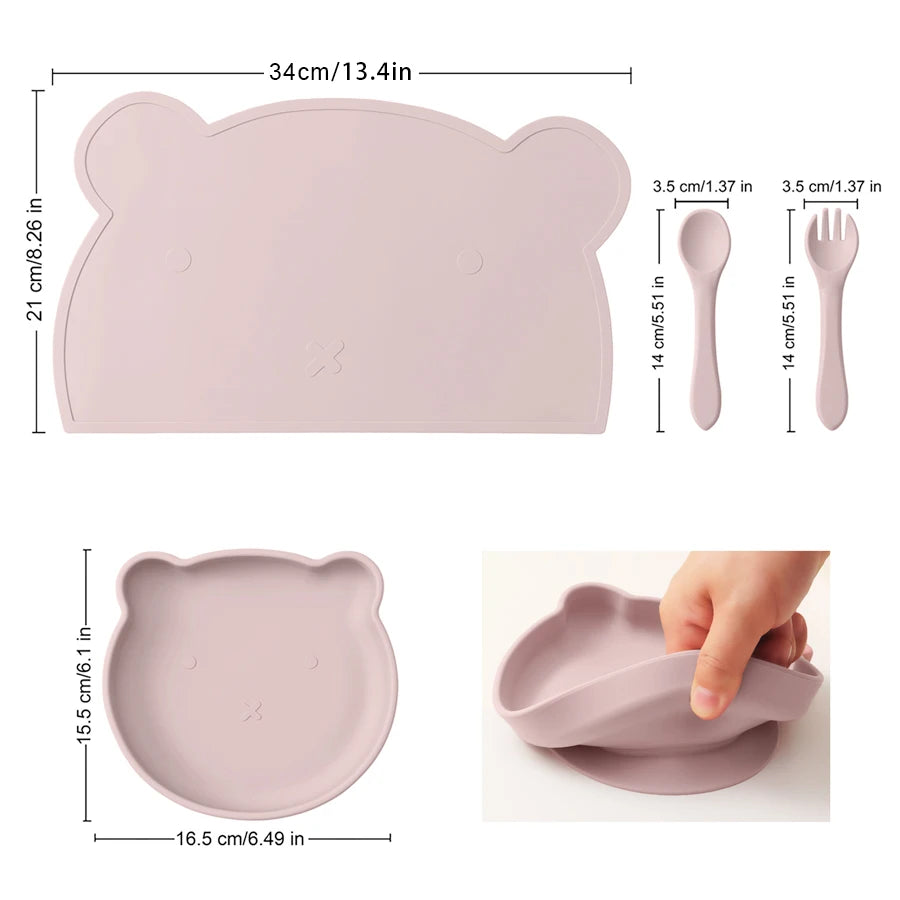 4PCS Baby Silicone Dishes Set Waterproof Placemat Suction Cartoon Bear Plate Soft Fork Spoon Feeding Learning Baby Stuff