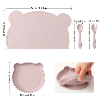 4PCS Baby Silicone Dishes Set Waterproof Placemat Suction Cartoon Bear Plate Soft Fork Spoon Feeding Learning Baby Stuff