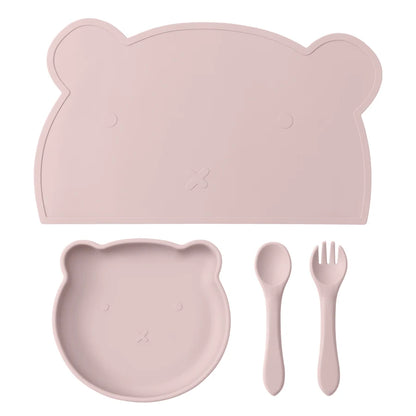 4PCS Baby Silicone Dishes Set Waterproof Placemat Suction Cartoon Bear Plate Soft Fork Spoon Feeding Learning Baby Stuff