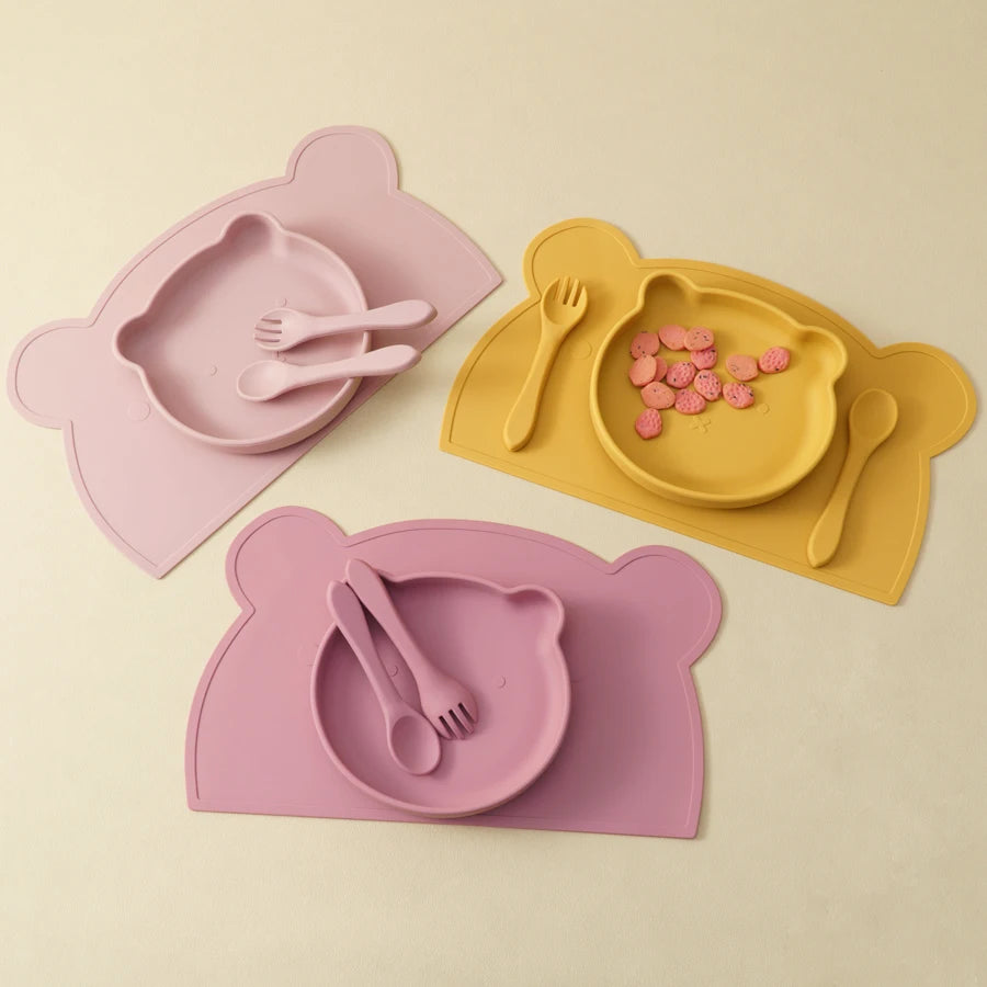 4PCS Baby Silicone Dishes Set Waterproof Placemat Suction Cartoon Bear Plate Soft Fork Spoon Feeding Learning Baby Stuff