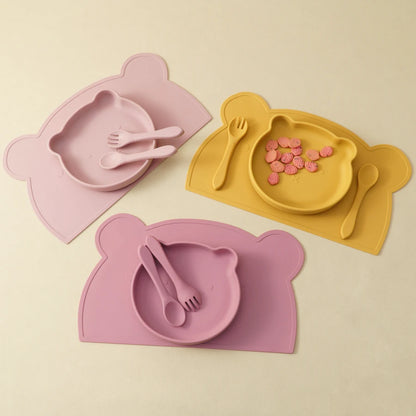 4PCS Baby Silicone Dishes Set Waterproof Placemat Suction Cartoon Bear Plate Soft Fork Spoon Feeding Learning Baby Stuff