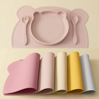 4PCS Baby Silicone Dishes Set Waterproof Placemat Suction Cartoon Bear Plate Soft Fork Spoon Feeding Learning Baby Stuff