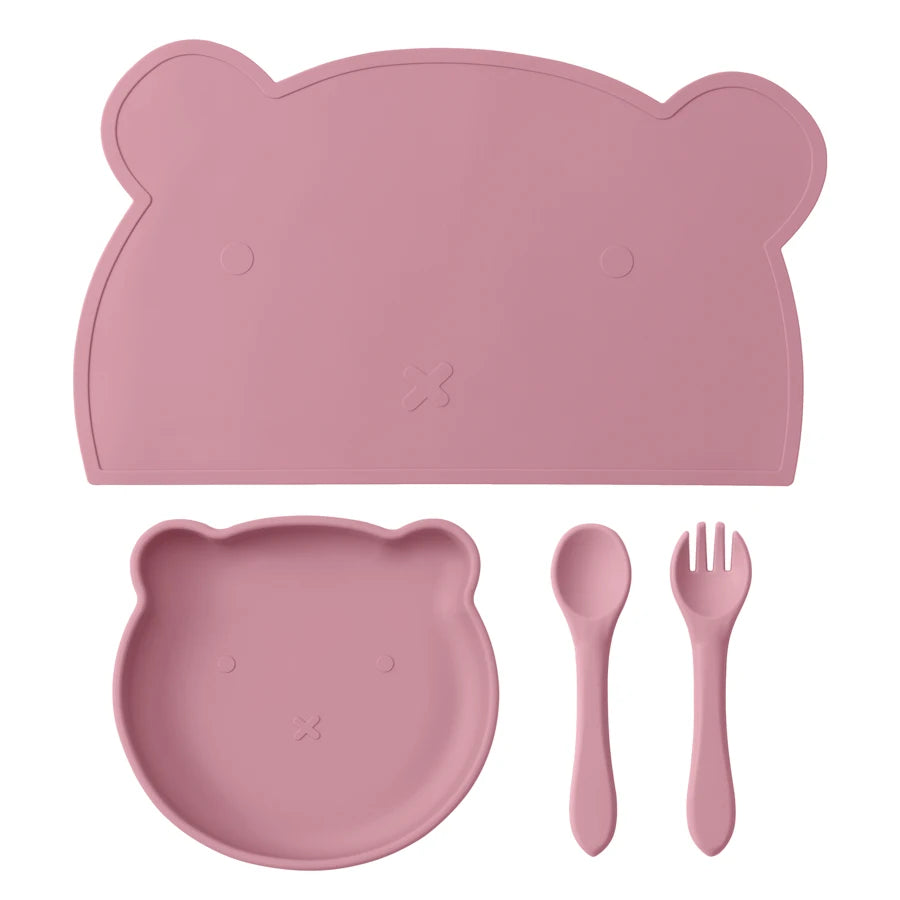 4PCS Baby Silicone Dishes Set Waterproof Placemat Suction Cartoon Bear Plate Soft Fork Spoon Feeding Learning Baby Stuff