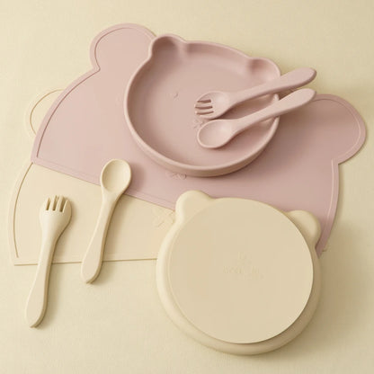 4PCS Baby Silicone Dishes Set Waterproof Placemat Suction Cartoon Bear Plate Soft Fork Spoon Feeding Learning Baby Stuff